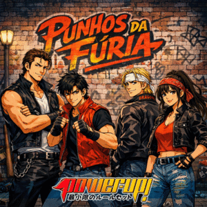 Membros da gangue Punhos da Fúria em frente a um grafite com o nome da gangue